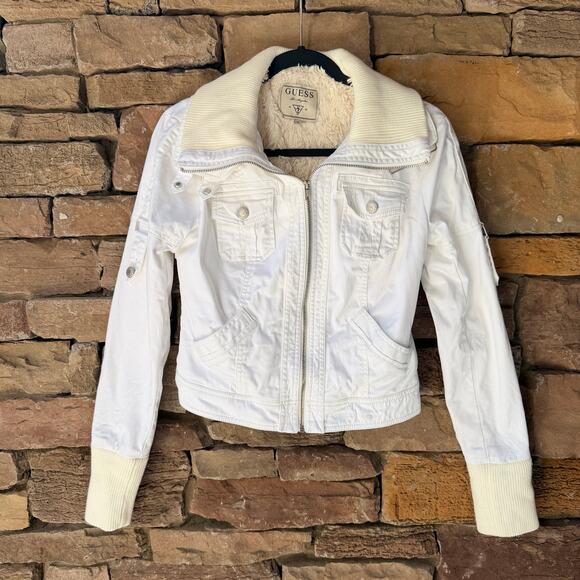 Y2K Guess White Fur Cropped Utility Moto High Neck Convertible Full Zip Jacket S - Picture 1 of 16